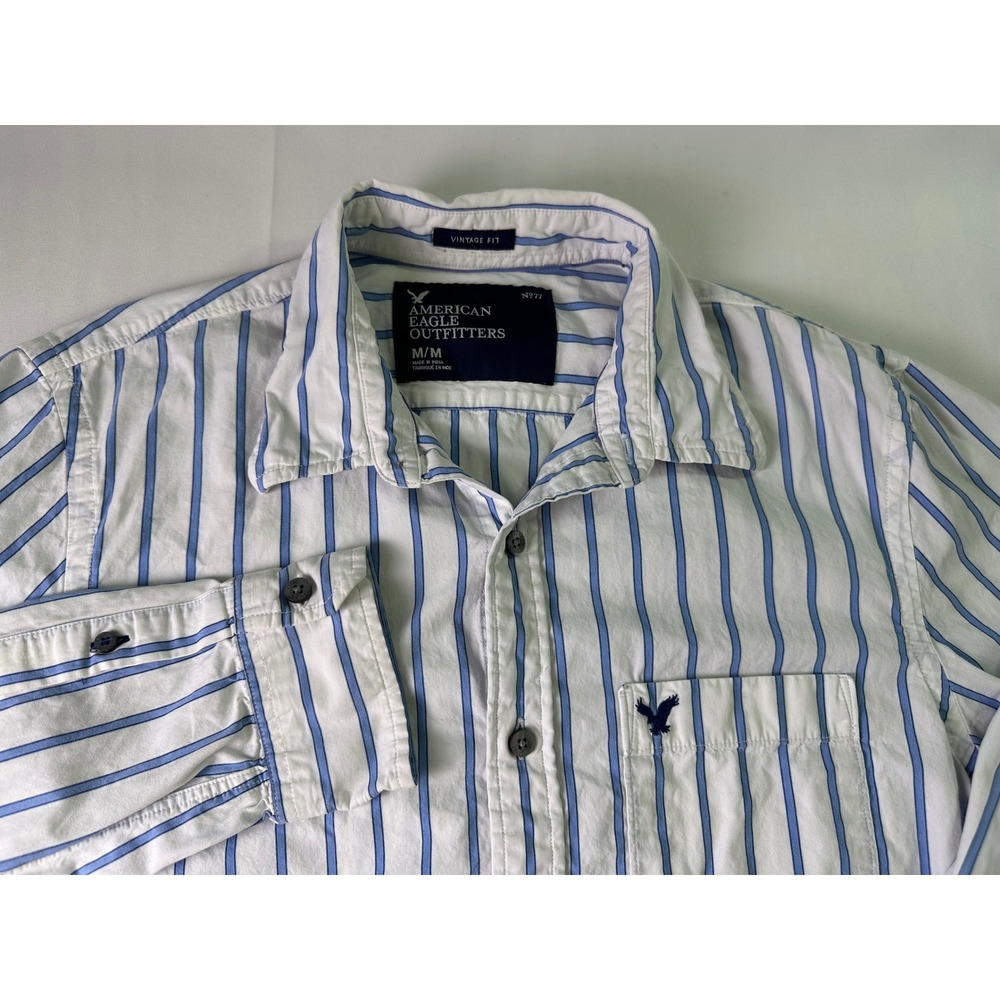 American Eagle Outfitters Y2K Striped Button Down Shirt Vintage Fit M Blue White